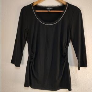 White House Black Market Black 3/4 Sleeve Scoop Neck w/ Beaded Fringe Top XS